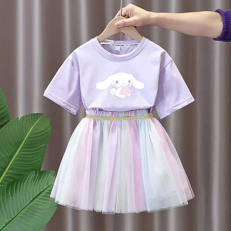 

Anime Sanrio Hello Kitty Cinnamoroll Girls Dresses Anime Cute My Melody Pachacco Children's Short-Sleeved T-Shirt Skirt Set Gift