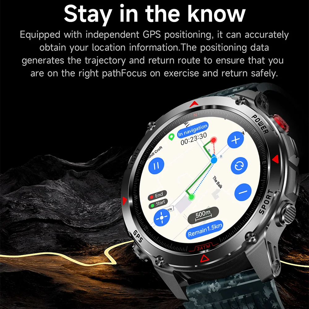 T-REX Military Outdoor Sports GPS Smartwatch LED Flashlight, 540MAH Battery, 3ATM Waterproof Compass, Bluetooth Call, For Xiaomi
