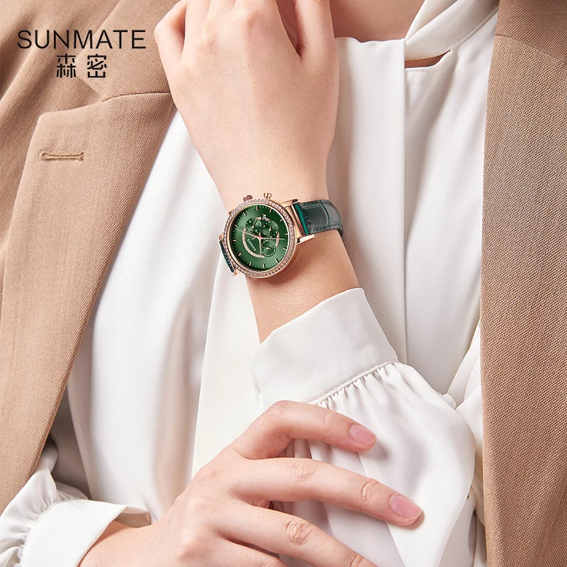 SUNMATE นาฬิกาผู้หญิงหรูหราและสง่างามระดับท็อป กลไกนำเข้า สายหนังแท้ นาฬิกาควอตซ์กันน้ำสำหรับผู้หญิง