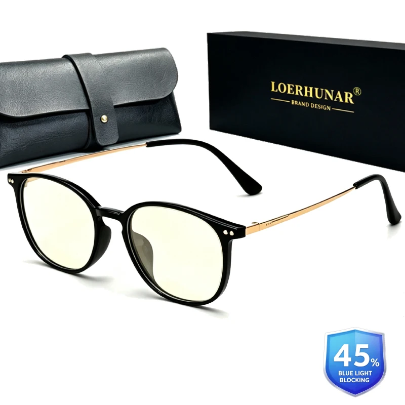 LOERHUNAR Retro-Legierungs-Blaulichtfilter-Brille für Damen und Herren, gelbe Linse, oval, UV400, Blaulichtfilter-Computerbrille für Damen