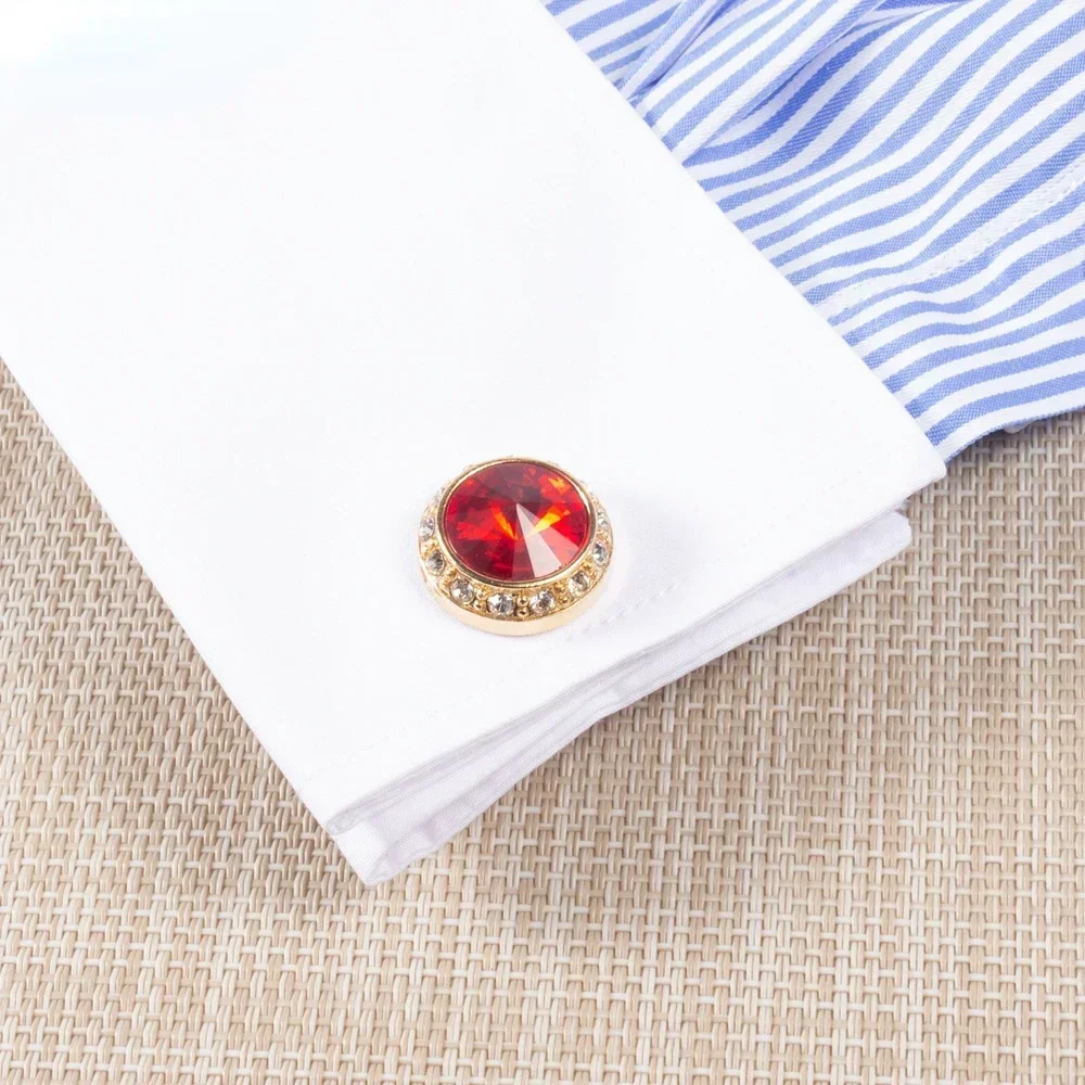 Men\'s Cufflinks Wedding Gifts Fashion New Gold Color Red Rhinestone Business French Shirt Cuff Links