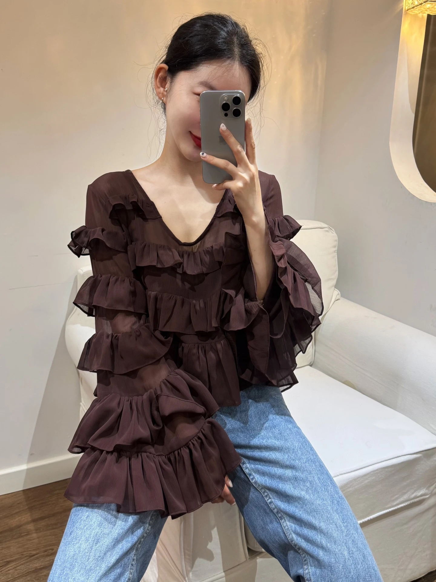 

Новый осенний шифоновый топ 2025 года в корейском стиле, свободный, длинный, с V-образным вырезом, для женщин и девушек, стройнящий силуэт