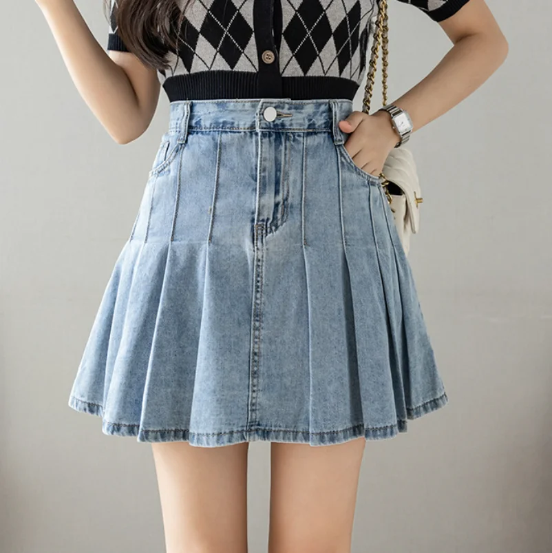 Verão 2025 plus size denim saia feminina cintura alta plissado uma linha mini jean saia feminina streetwear saia venda quente p1735 ﻿