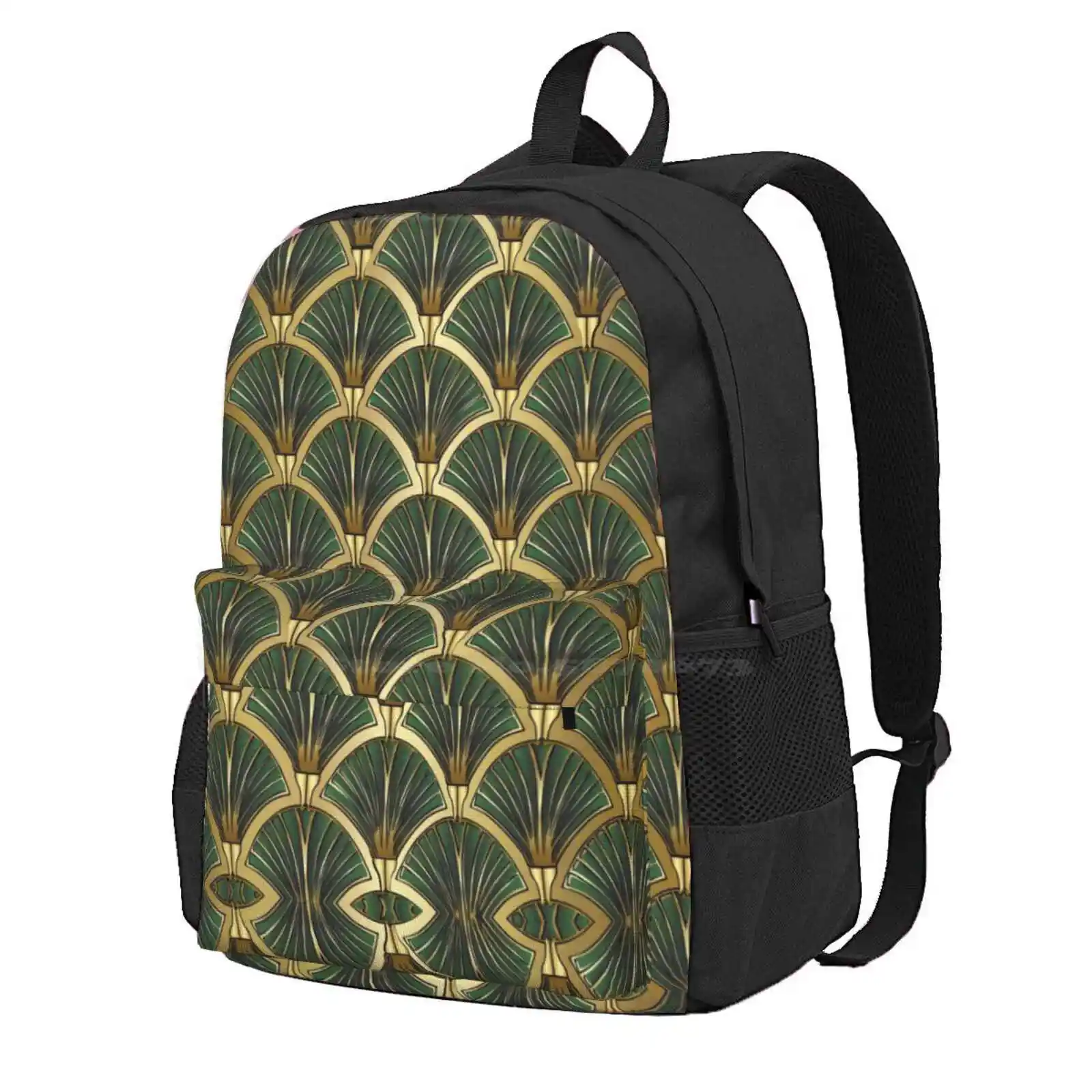 Art Deco Green Motif Hot Sale Schoolbag Backpack Fashion Bags Art 1920S 1930S Gold Fan Era Symmetery Metalic Lustre