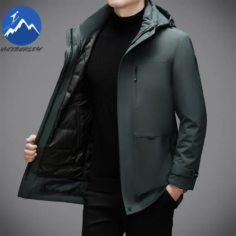 Maxbarley  Mens Down Jacket Thickened Business Casual Lightweight Padded Jacket Trendy Detachable Hooded Outdoor Winter Coats