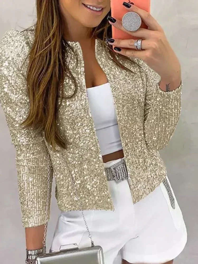 2025 Spring New European American Women Fashion Stand Up Collar Solid Color Glitter Coat Short Casual Versatile Small Coat Traf