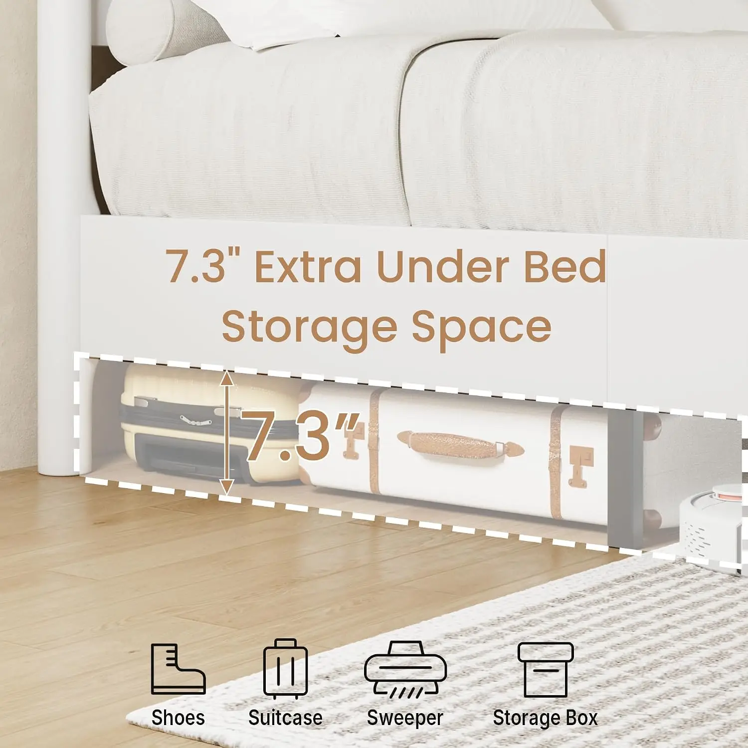 King Platform Bed Frame With Wood Headboard, White, Customized image 6