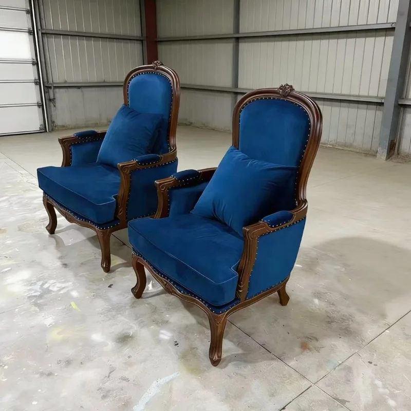 American retro blue flannel single sofa chair solid wood carving flower living room furniture dining chair B & B medieval armcha