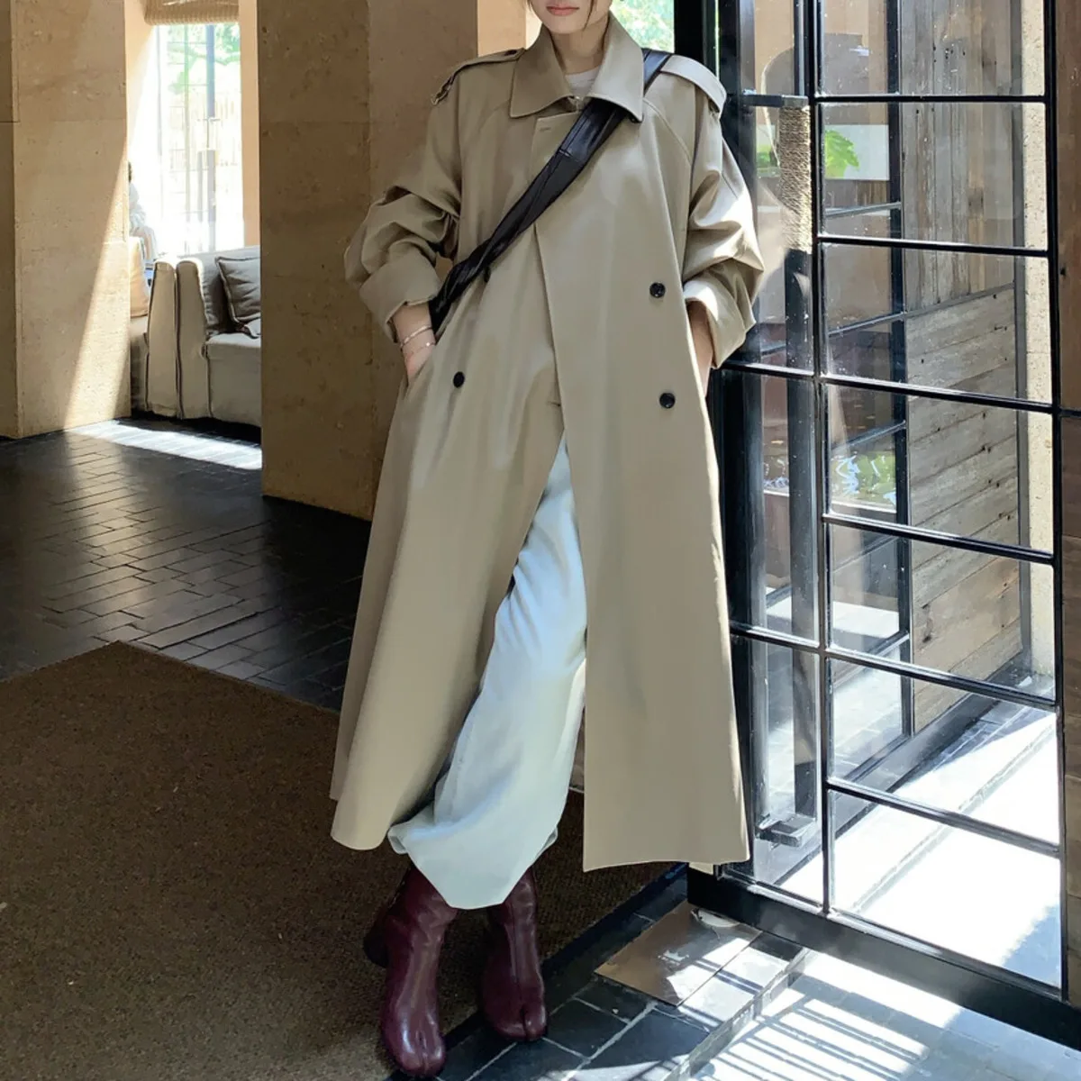 معطف KWTX نسائي طويل بحزام مزدوج الصدر وطية صدر السترة بلون سادة مصمم أنيق عتيق وصل حديثًا لخريف وشتاء 2025 #5