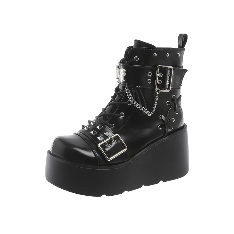 

9CM Metal Chain Leather Gothic Style Punk Ankle Boots 2025 Women Autumn Winter Designer Chunky Platform Boots Woman Botas Mujer