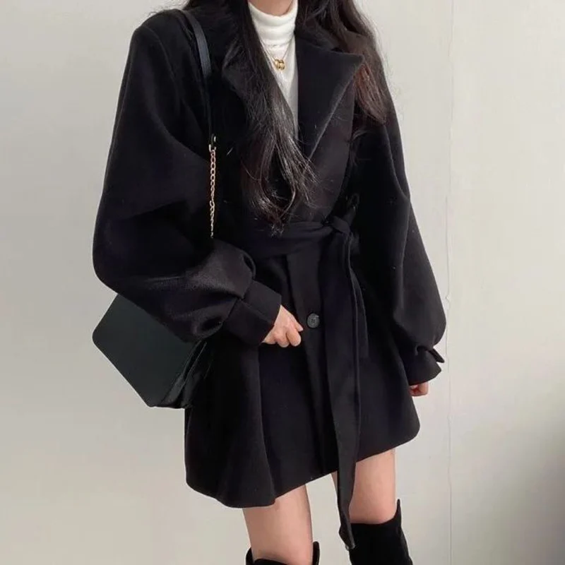 Women Woolen Coat Autumn Winter Elegant Korean Solid Thick Warm Mid Length Lapel Belt Jacket Office Lady Slim Trendy Outwear