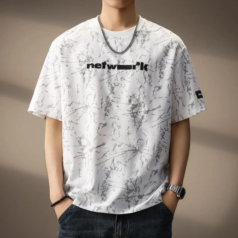 

Summer ice silk thin tie dye short sleeved T-shirt for men's high-end trendy brand loose and simple letter printed casual clothe