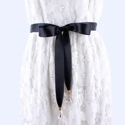 Long Black Rhinestone Fabric Belts for Women Dress Ladies Solid Silk Scarf Shirt Knot Waist Rope Female Corset Belt Strap