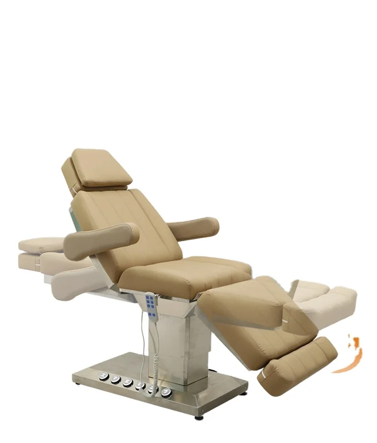 

High Quality 3/4 Motor Electric Facial Therapy Bed Modern Silver Beauty Salon Furniture Buff Leather Foot Control Massage Table