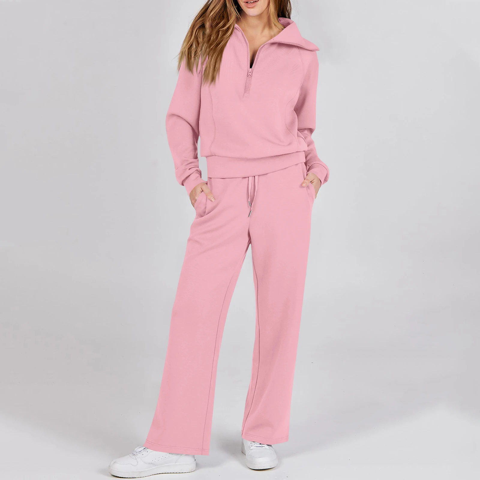

Active Fashion Women Two Piece Set Half Zip Collar Sweatshirt Popular Wide Leg Pants Pocket Design Comfy Lounge Sports Outfit