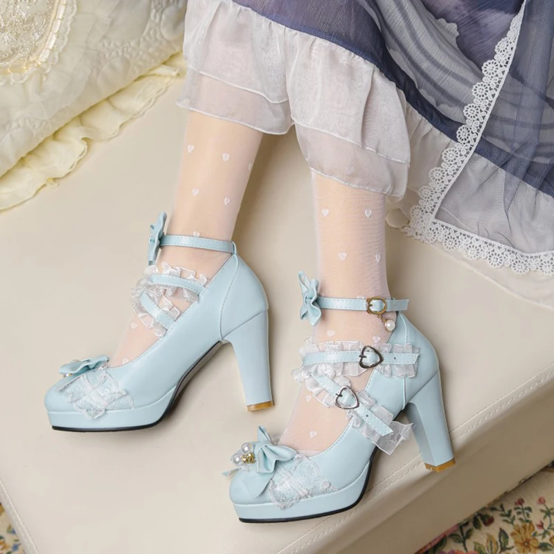 Sweet Bowknot Lace High Heels Kawaii Lolita Shoes Platform Girls Women Lolita Maid Halloween Party PU Leather JK Shoes