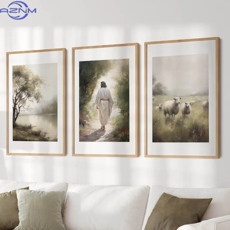 3pcs Canvas Poster Set (Unframed) – Printed LDS Family Art with Three Christ and Sheep Landscape Paintings, Living Christ LDS Se