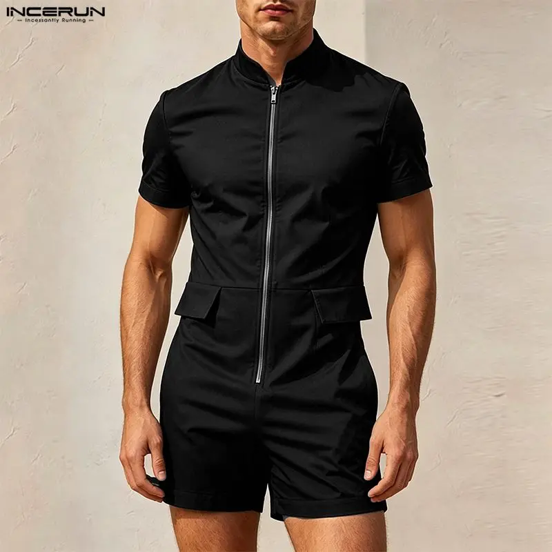 INCERUN Men's Jumpsuits Solid Zipper Stand Collar Short Sleeve Casual Male Romper Streetwear Summer 2026 Overalls For Man Shorts