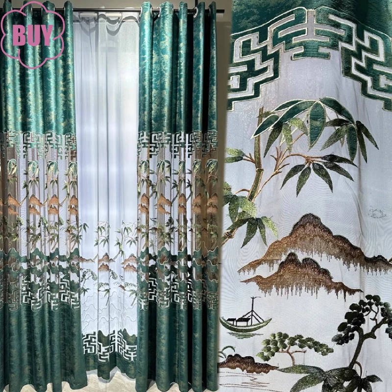 Chinese Style High-end Green Velvet Landscape Embroidery Window Screen Curtains for Bedroom Floor To Ceiling Study Finished