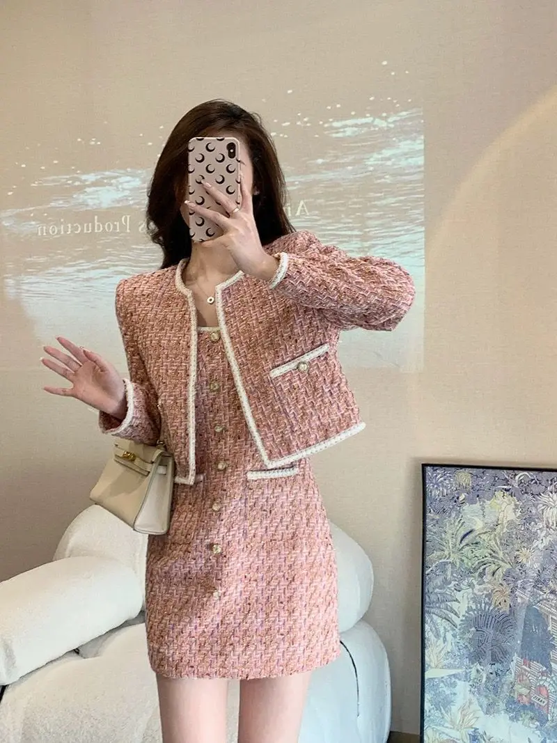 Women Tweed Vintage Pink Suit Jacket Coat Top And Dress Two Piece Set Outfit Winter Jacquard Elegant Chic Party Y2K Clothing