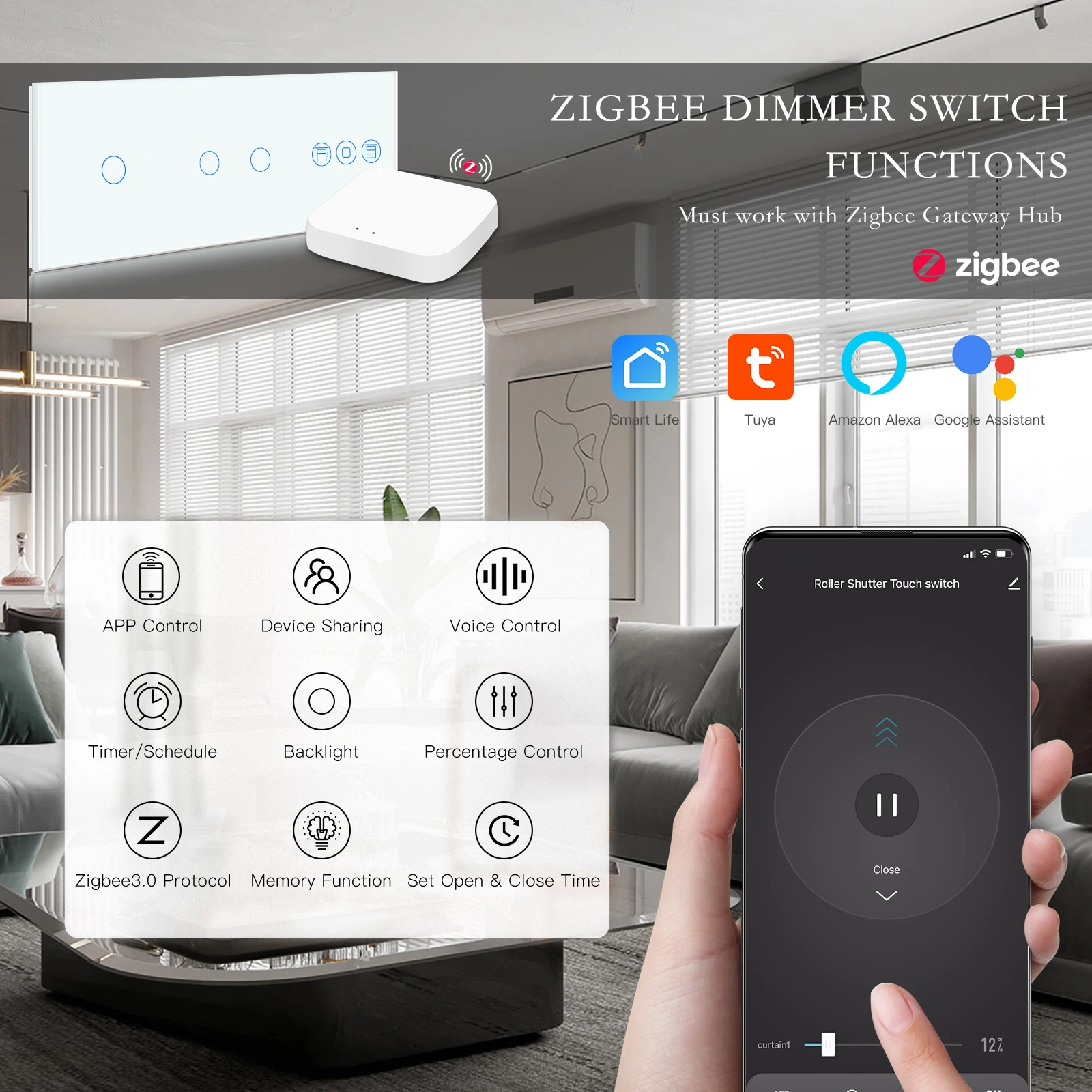 BSEED Zigbee Double 1/2Gang Touch Switches Plus Roller Smart Shutter Switch Tuya Smart Life Alexa Control EU Standard