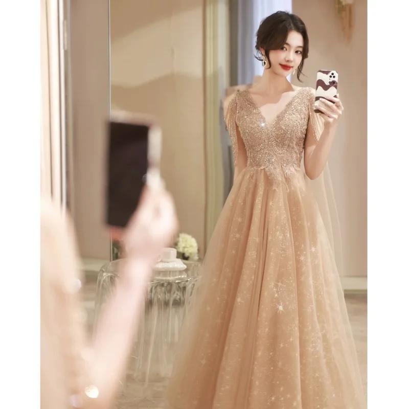 Khaki Sexy V-Neck Sequins Beaded Tassel Back Bandage Chiffon Banquet Evening Dresses Women Formal Party Gown Vestidos