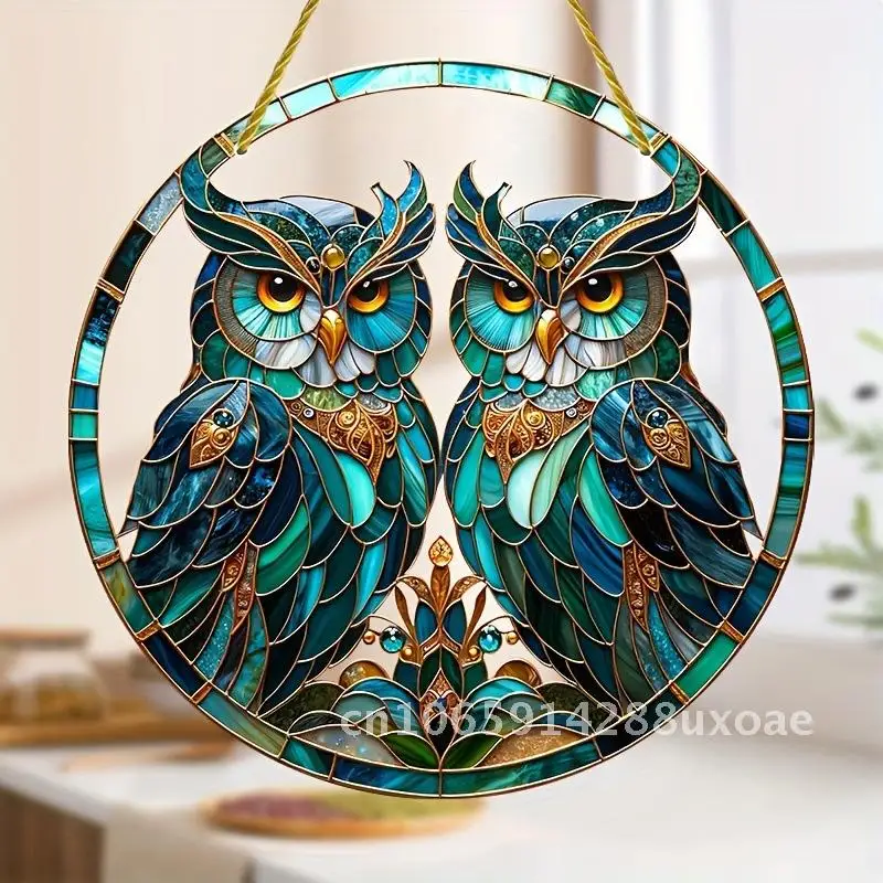 

Owl Green Window Ornament Sun Catcher Acrylic Flat Disc Pendant Window Ornament Porch Garden Decoration