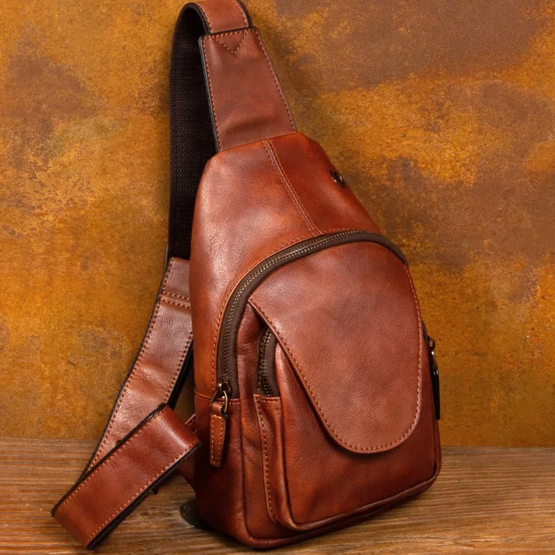 

Men's Genuine Leather Chest Bag Vegetable-Tanned Cowhide Cycling Crossbody Messenger Bag Casual Single-Shoulder Bag