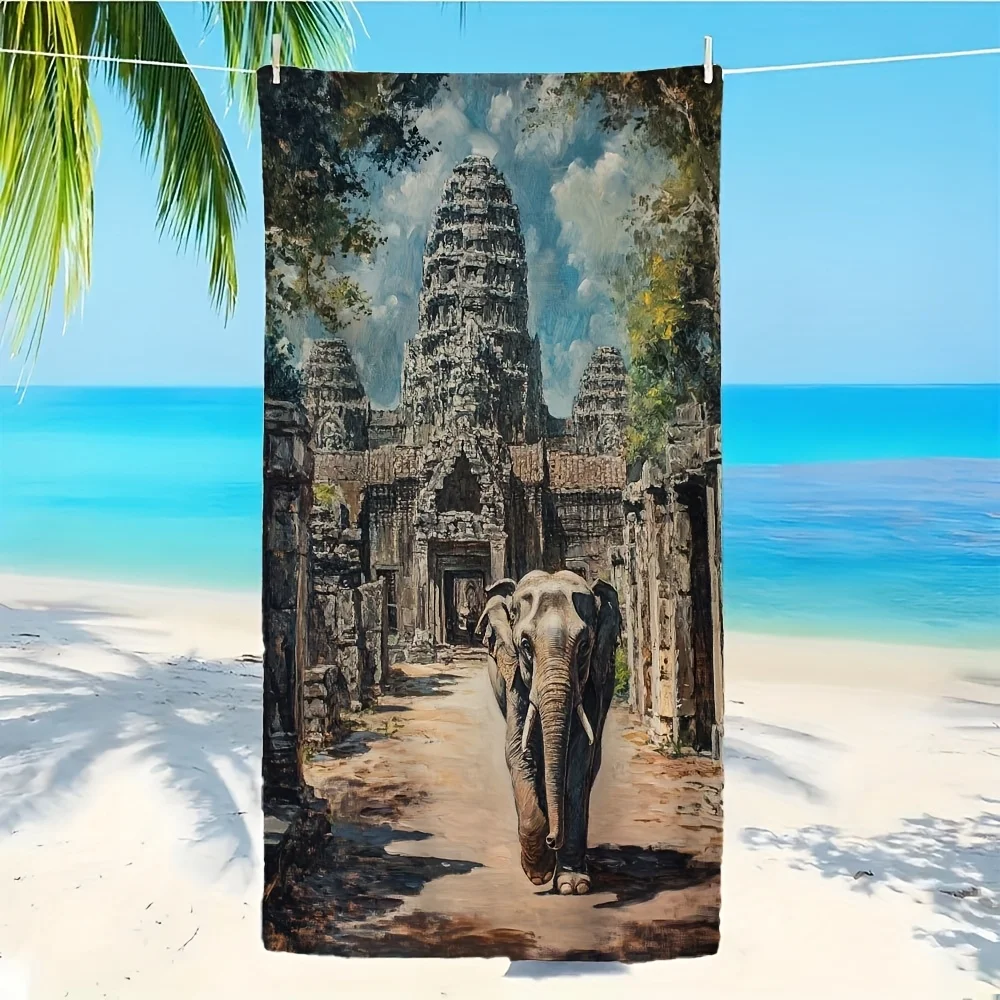 Toalla de playa de microfibra de poliéster con estampado de elefantes del templo, altamente absorbente, ideal para nadar y salidas a la playa