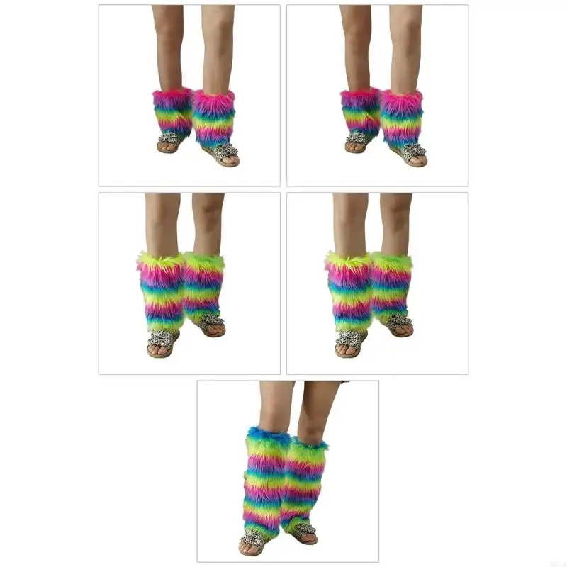 W0YA Scaldamuscoli in peluche da donna Calzini coprigambe con polsini per stivali invernali pelosi arcobaleno vintage