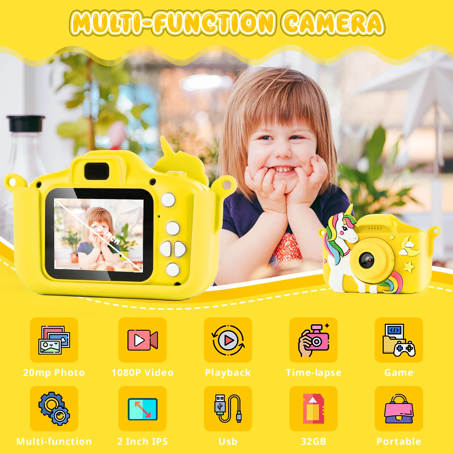 Kids Camera 1080P HD Kids Camera with 2.0 Inch Screen 32GB SD Card, Kids Photo Machine Gifts 3 4 5 6 7 years for Boys Girls