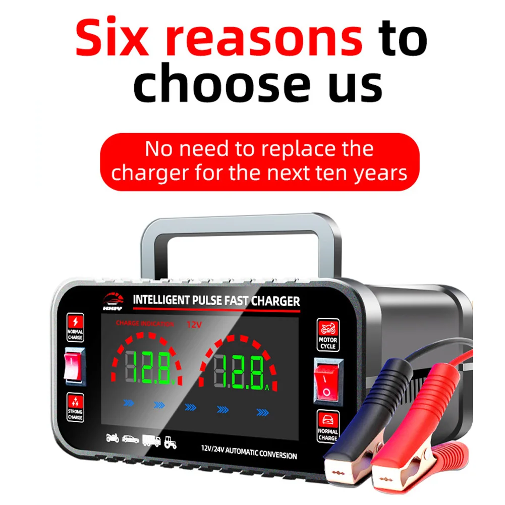 

12V/24V Car Battery Charger 150W Smart Pulse Repair Fast Charging Device Large Screen Fully Automatic Car Battery Charger 10/5A