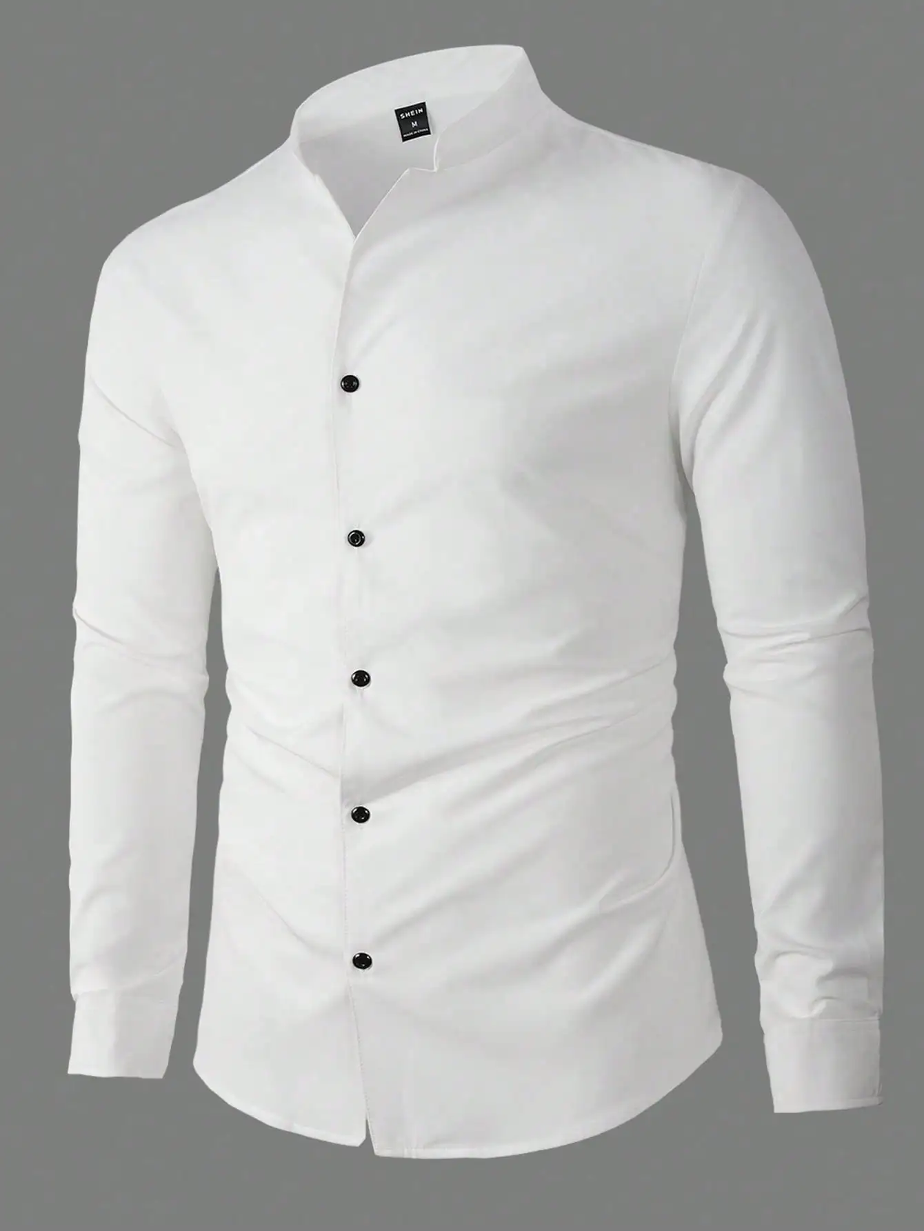 

Men's Solid White Long Sleeve Button-Up Shirt with Mandarin Collar, Casual Fit for Fall