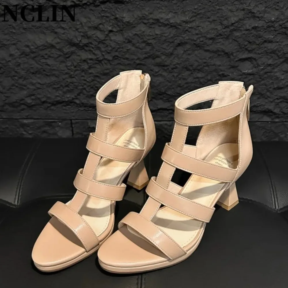 Women's Mid-Calf Gladiator Sandals - Open Toe Strappy Chunky Heel Zipper Back Summer Fashion Boots