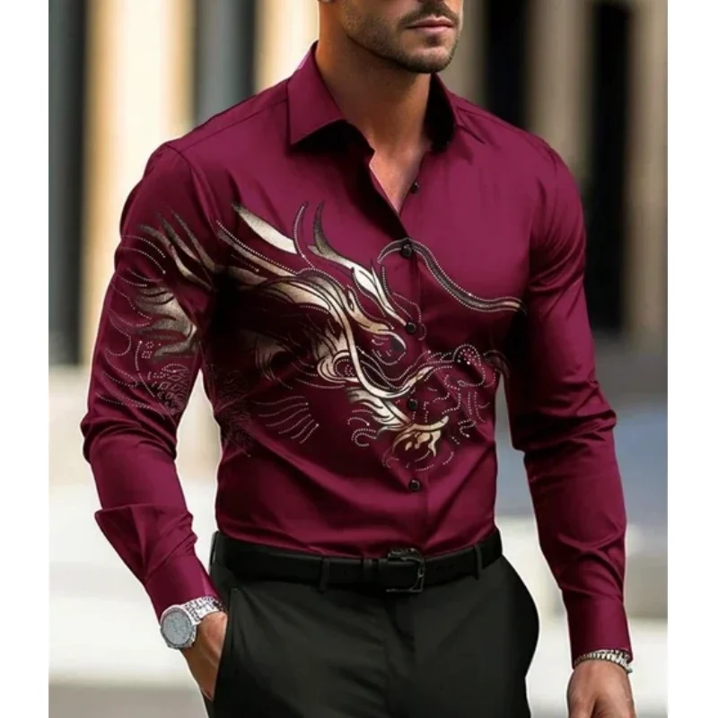 

3D Print Chinese Dragon Pattern Men's Shirts Fashion Creative Design Business Casual Lapel Button Shirt Loose Breathable Clothes