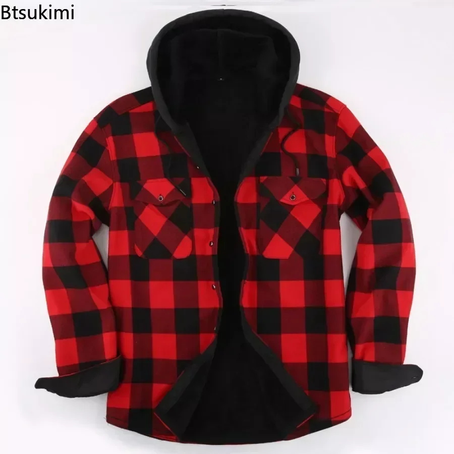 Men\'s Shirts Jacket Fleece Linend Hooded Plaid Coats Fashion Casual Metal Buckle Long Sleeve Warm Shirts Men\'s Winter Clothing