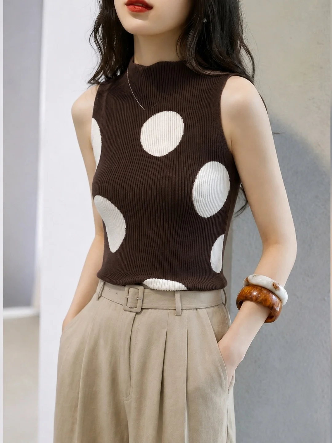 Fashionable Polka Dot Knitted Vest Slim Fit Half High Collar Autumn 2026 Design Sense Elegant Top Women's Silk Upper Apparel