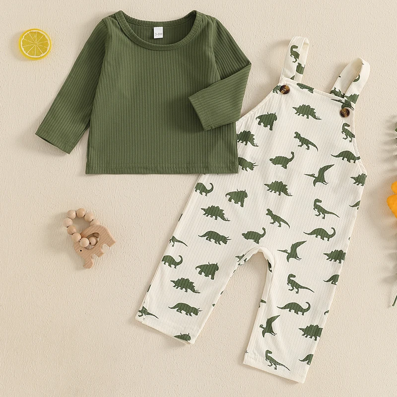 

0-24 Months Baby 2Pcs Fall Outfits Long Sleeve Ribbed Tops + Dinosaur Print Overalls Set Infant Clothes