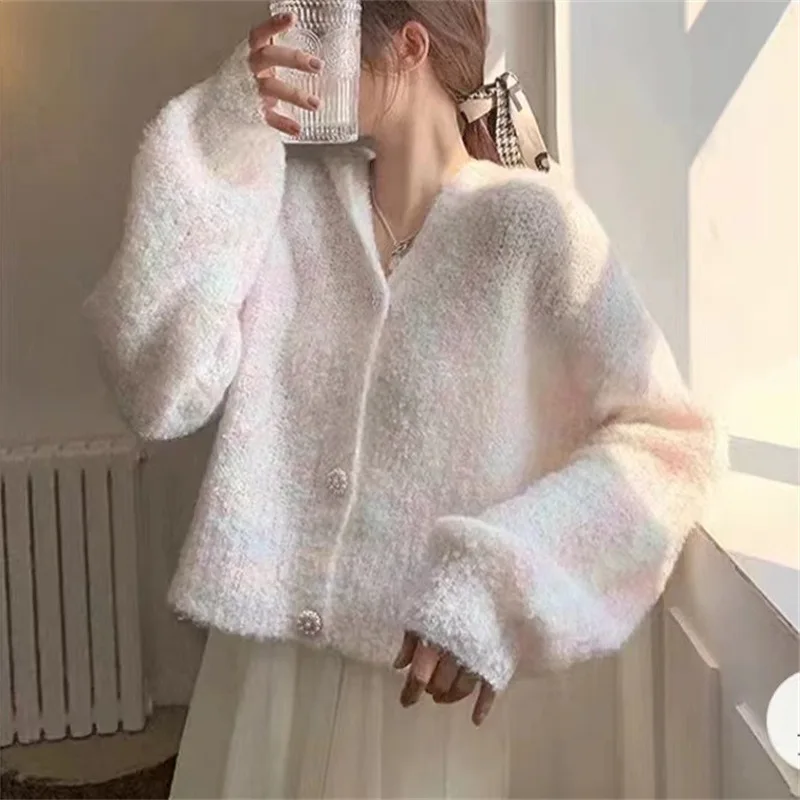

Sweety Gradient Knitted Hooded Cardigan Women Autumn Casual Single Breasted Sweater Vintage Streetwear Cropped Tops Coat Hoodies