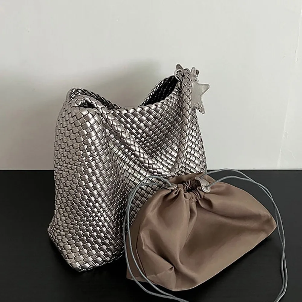 

Chic Champagne Woven Tote Bag Original Design Large Capacity Shoulder Bag Women Commuter Handbag High End Fashion Accessory