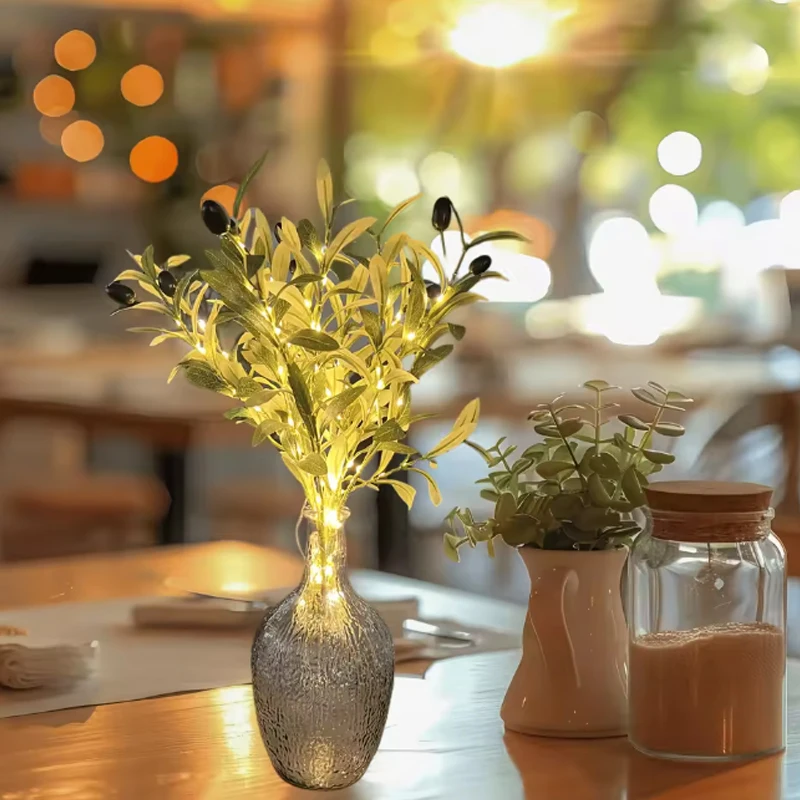 Luz nocturna de ramas de olivo para jarrones, decoración interior alimentada por batería, cadena de luces de hoja de olivo de simulación fresca para habitación y boda
