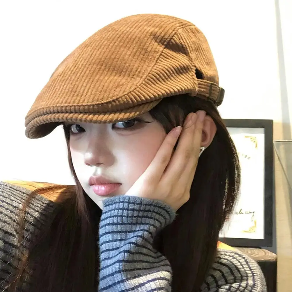 

Solid Color Stripe Velvet Adjustable Forward Hat British Style Flat Visor Cap Unisex Couple Corduroy Beret Thick Duckbill Cap