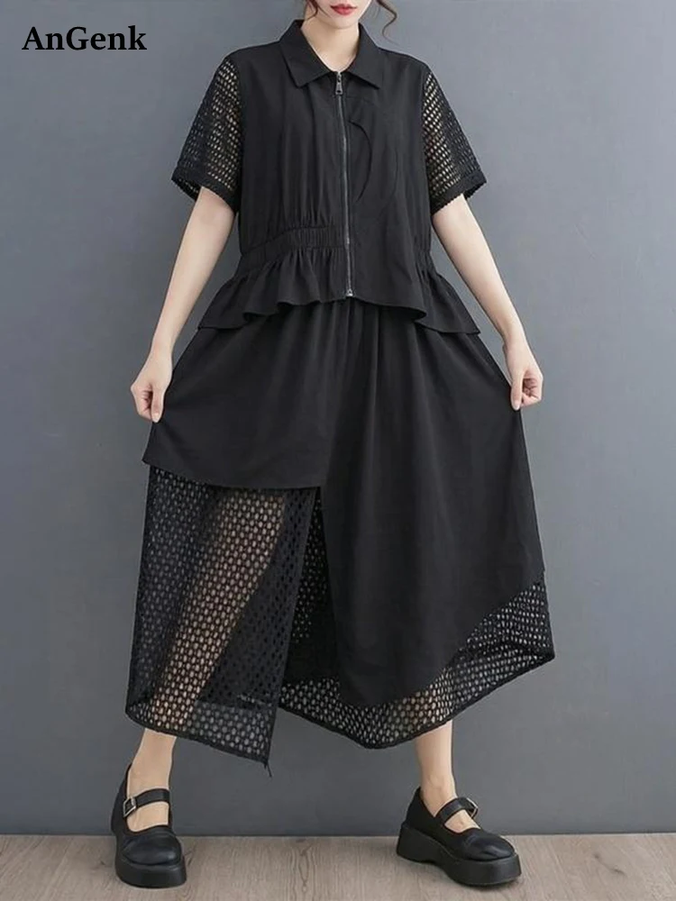 2026 Summer New Mesh Patchwork Fashion Casual 2 Two Piece Set Short Sleeve Blouse Loose Women Shirt Tops Clothing Skirt Suit