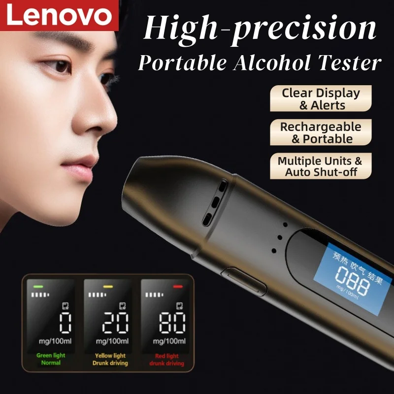 Lenovo High Accuracy Breathalyzer Portable Digital Alcohol Tester Car USB Charging Professional Alcohol Detector LCD Display