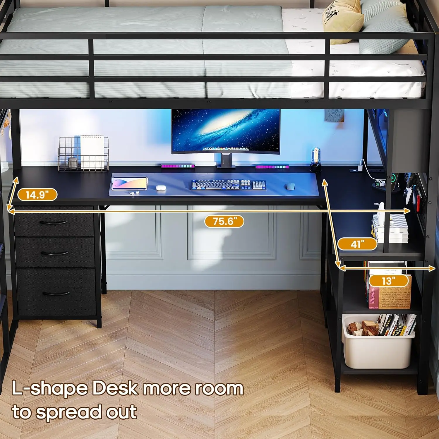 Twin Loft Bed with L-Shaped Gaming Desk, Storage Drawers, Hutch, Power Outlet & RGB Lights - view 5