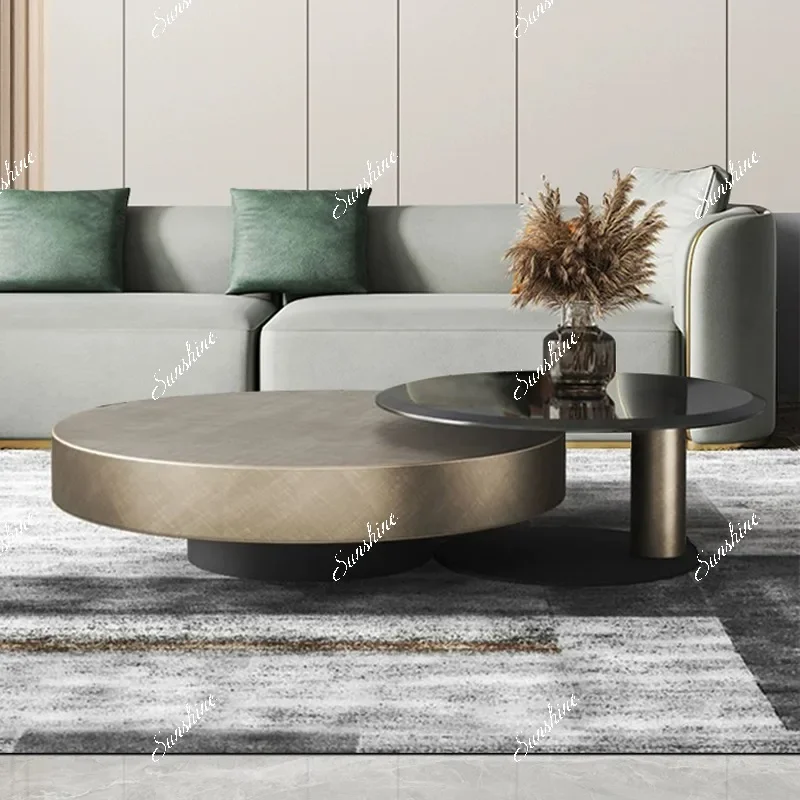 

Italian light luxury household round coffee table tempered glass stainless steel edge table