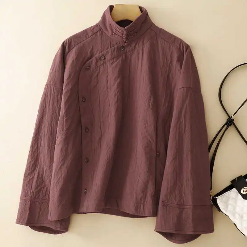 

Женское пальто в стиле ретро, классическое темпераментное льняное хлопковое пальто с воротником-стойкой в китайском стиле, широкая удобная куртка с наклонным воротником на пуговицах