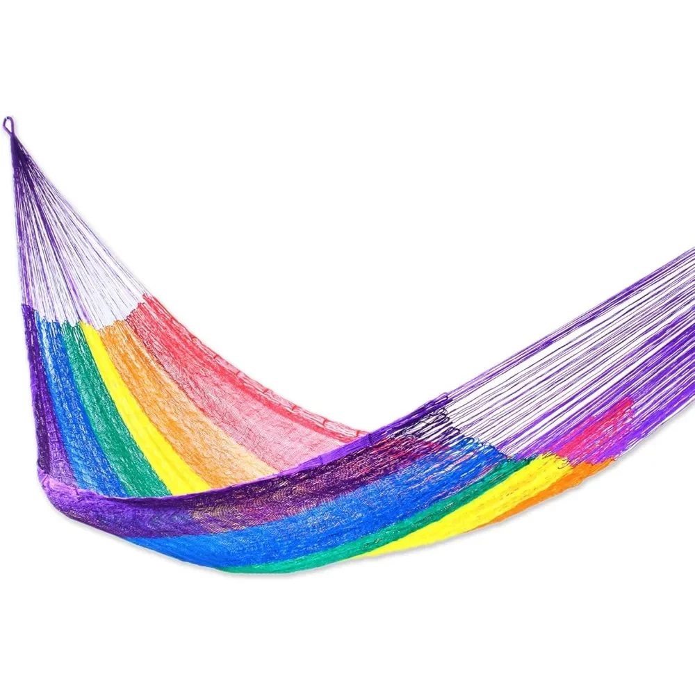 Multicolor Rainbow Striped Hand Woven Nylon Mayan 1 Person Rope Hammock, Dreaming of Rainbows' (Single)