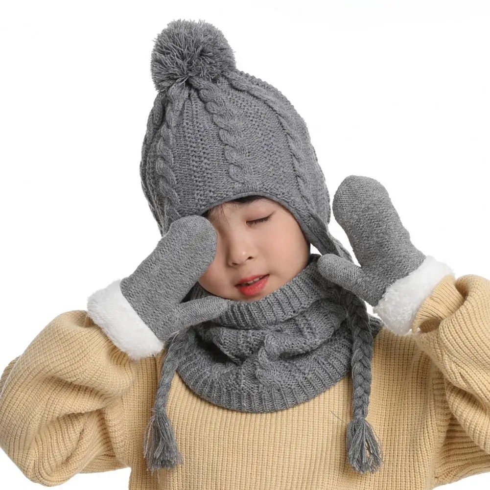 

Acrylic Hat Scarf Gloves Kids Winter Hat Scarf Glove Set with Plush Ball Decor Cozy Knitted Outdoor Neck Cover Windproof Warm