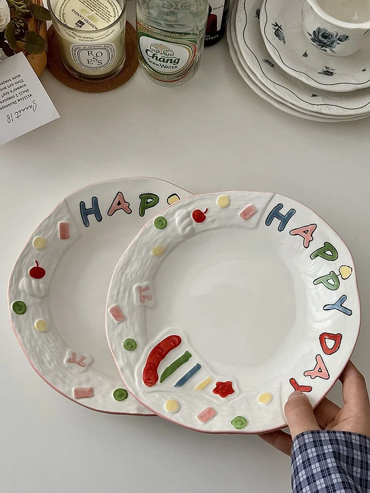 Sweet Girl Ceramic Plate Underglaze Color Dining Plate Girl's Heart Dessert Plate Fruit Plate Home Use Small  Style